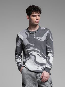 Jack & Jones - Grey Regular Fit Abstract Printed Crew Neck Sweater