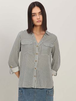 VERO MODA - Striped Full Sleeves Shirt - White