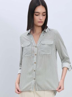 VERO MODA - Striped Full Sleeves Shirt - Green - White