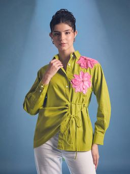 Uptownie - Pure Cotton Floral Applique Tie-Up Shirt