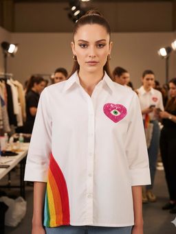Uptownie - Pure Cotton Rainbow Crochet Detail Shirt