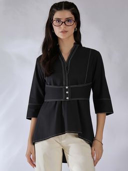 Uptownie - Pure Cotton Asymmetric Hem Shirt With Contrast Stitching - Black