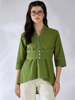 Uptownie - Pure Cotton Asymmetric Hem Shirt - Green