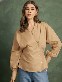 Uptownie - Pure Cotton Wrap Front Shirt - Beige