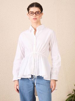 Uptownie - Pure Cotton Ruffled Hem Shirt - White