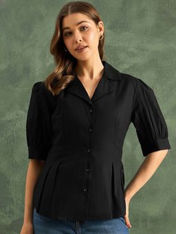Uptownie - Pure Cotton Pleated Peplum Shirt - Black