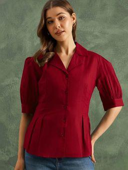 Uptownie - Pure Cotton Pleated Peplum Shirt - Maroon