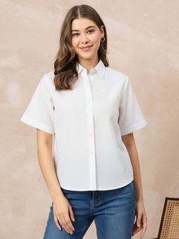 Uptownie - Pure Cotton Button-Down Shirt With Curved Hem