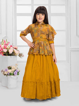BETTY - Three Fourth Sleeves Flower Printed Designed Flared Gown - Mustard