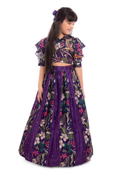 Tiny Kingdom - Half Sleeves Flower Printed Top and Skirt with Hair Clip - Purple