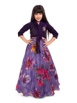 Tiny Kingdom - Three Fourth Sleeves Sequin Flower Top and Skirt - Purple