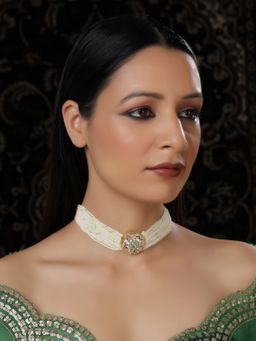 Ruby Raang Studio - Pearl And Kundan Choker With Intricate Flower Design