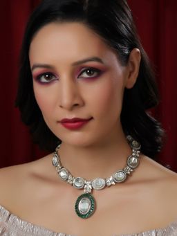 Ruby Raang Studio - Gold And Silver Tone Necklace With Green Center Piece