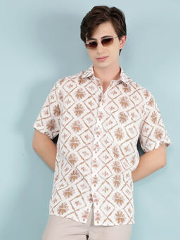 CRIMSOUNE CLUB - Men Green Printed Linen Casual Shirt