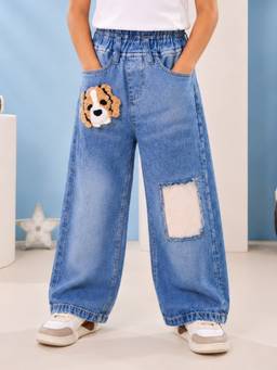 KiddoPanti - Boys Denim Woven Baggy Fit Jeans with Puppy Applique and Patch Detail
