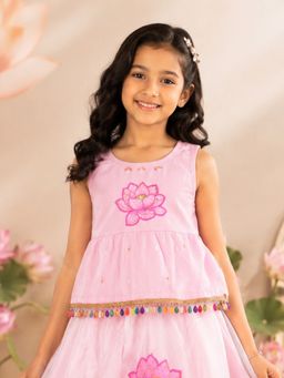KiddoPanti - Girls Sleeveless Peplum Top with Lotus Print and Embellishment
