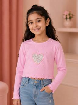 KiddoPanti - Girls Ribbed Crop T-Shirt with Heart Applique and Pearl Embellishment