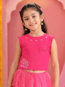 KiddoPanti - Girls Ribbed Crop T-Shirt with Lotus Print and Embellishment
