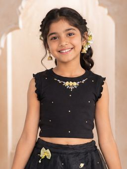 KiddoPanti - Girls Sleeveless Ribbed Crop T-Shirt with Floral Neck Embellishment