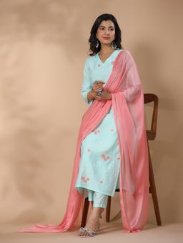 Gahan - Rayon Floral Embroidered V Neck Blue Kurta with Pant and Dupatta (Set of 3)