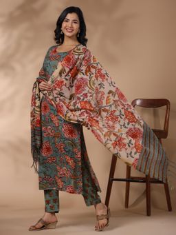 Gahan - Rayon Jaipuri All Over Printed Green Kurta with Pant & Tasselled Dupatta (Set of 3)