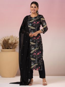 Gahan - Rayon All Over Printed Black Kurta with Pant & Flowy Embellished Dupatta (Set of 3)