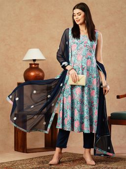 Gahan - Rayon Jaipuri All Over Printed Gota Work Blue Kurta with Pant & Dupatta (Set of 3)