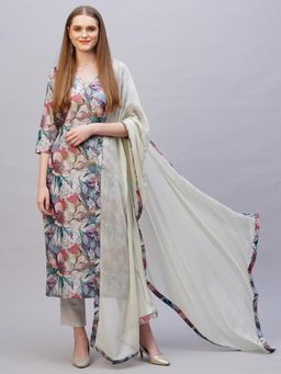 Gahan - Rayon All Over Printed Grey Kurta with Pant & Flowy Embellished Dupatta (Set of 3)