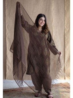 The Indian Ethnic Co. - Coffee Brown Solid Kota Doria Cotton Dupatta