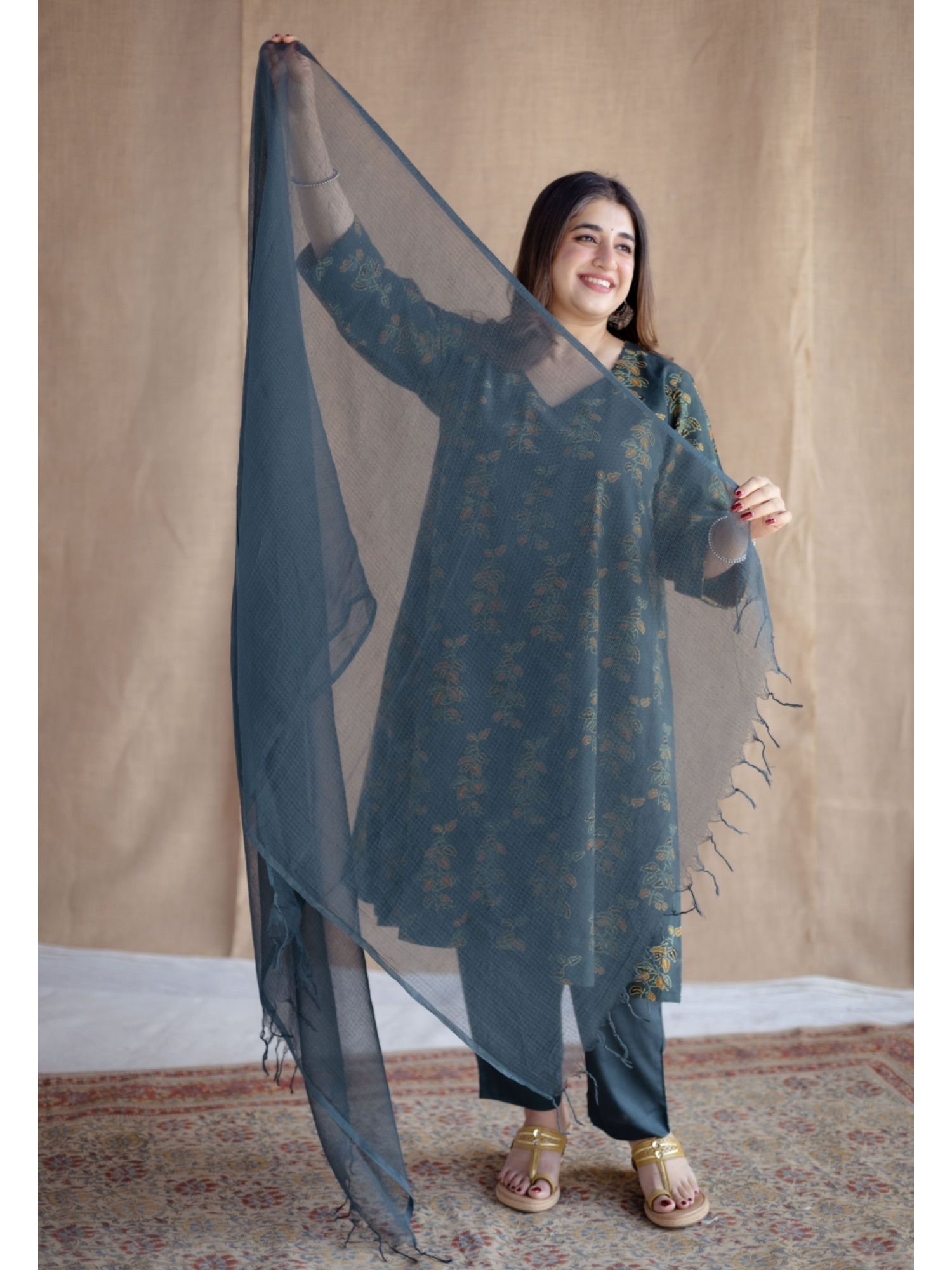 Teal Solid Kota Doria Cotton Dupatta-image-14