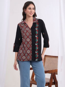 Sufiza Lifestyle - Black Embroidered Viscose Rayon and Ajark Print Shirt