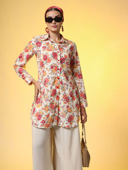 Sufiza Lifestyle - Women Cream Floral Printed Shirt