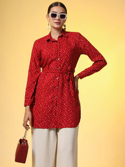Sufiza Lifestyle - Women Red Printed Shirt with Belt