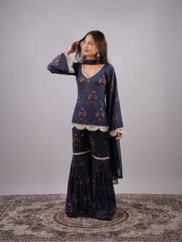 NISHORAMA - Inaayat Women Navy Blue Cotton Blend Kurti with Sharara and Dupatta