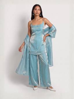 NISHORAMA - Tina Women Blue Silk Blend Kurti with Palazzo and Dupatta