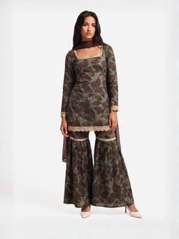 NISHORAMA - Meherzeen Women Green Cotton Blend Kurti with Sharara and Dupatta