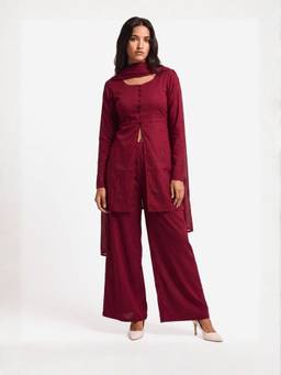 NISHORAMA - Kareena Women Maroon Cotton Kurti with Palazzo and Dupatta