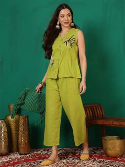ANAISA - Women's Green Floral Embroidered Cotton Sleeveless Co-Ord Set