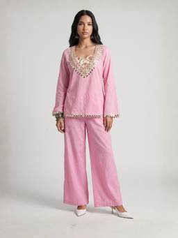 NISHORAMA - Avika Women Pink Cotton Kurti with Bralette and Pant