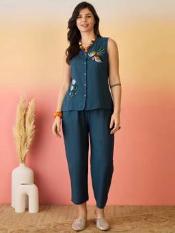 ANAISA - Women's Teal Floral Embroidered Cotton Sleeveless Co-Ord Set