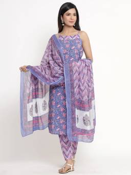 ANAISA - Women's Floral Purple Printed Cotton Kurta with Pant and Dupatta
