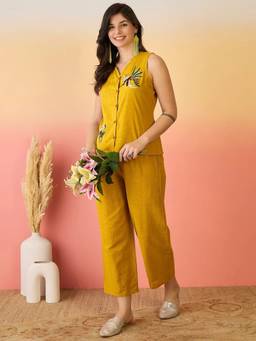 ANAISA - Women's Mustard Floral Embroidered Cotton Sleeveless Co-Ord Set