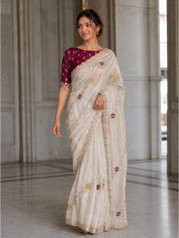 VAIRAGEE - Cream Frendy Satin Silk Embroidery Saree