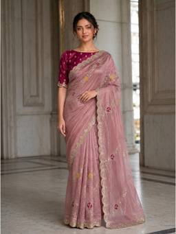 VAIRAGEE - Dusty Rose Pink Frendy Satin Silk Embroidery Saree