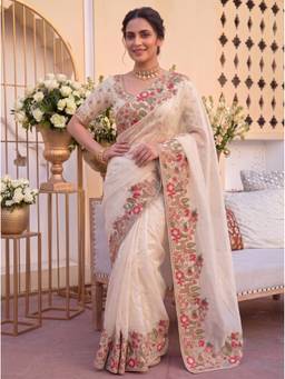 VAIRAGEE - Cream Frendy Satin Silk Embroidery Saree