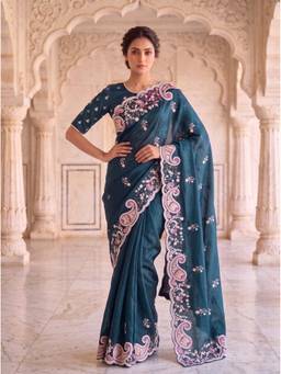 VAIRAGEE - Teal Frendy Satin Silk Embroidery Saree