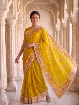 VAIRAGEE - Yellow Frendy Satin Silk Embroidery Saree