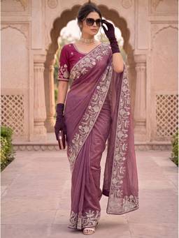 VAIRAGEE - Dusty Mauve Moss Silk Embroidery Saree