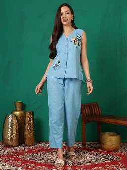 ANAISA - Women's Sky Blue Floral Embroidered Cotton Sleeveless Co-Ord Set