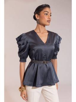 Sheczzar - Charcoal Satin Peplum Puff Sleeves and Statement Belt Top